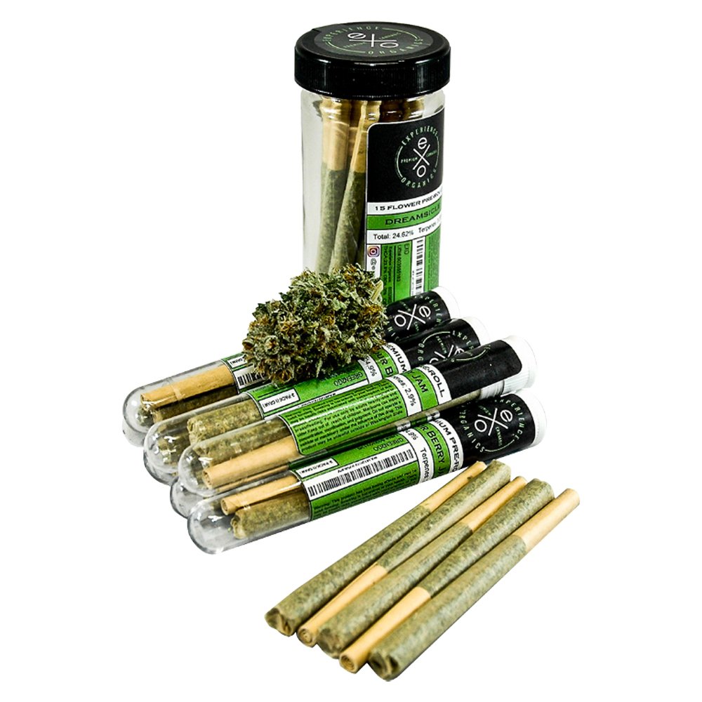 Experience Organics eXo white wedding flower and pre-rolls with Sativa or Indica strains